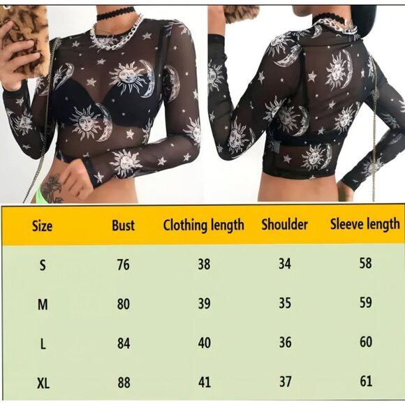 Sheer Black Mesh Crop Top W/ Sun & Moon Celestial Print & Long Sleeves – NWT - Picture 8 of 8